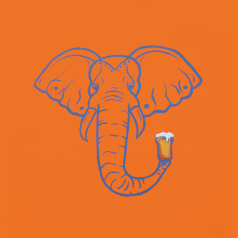 painted elephant, blue outline of the face holding a pint of beer with it's trunk